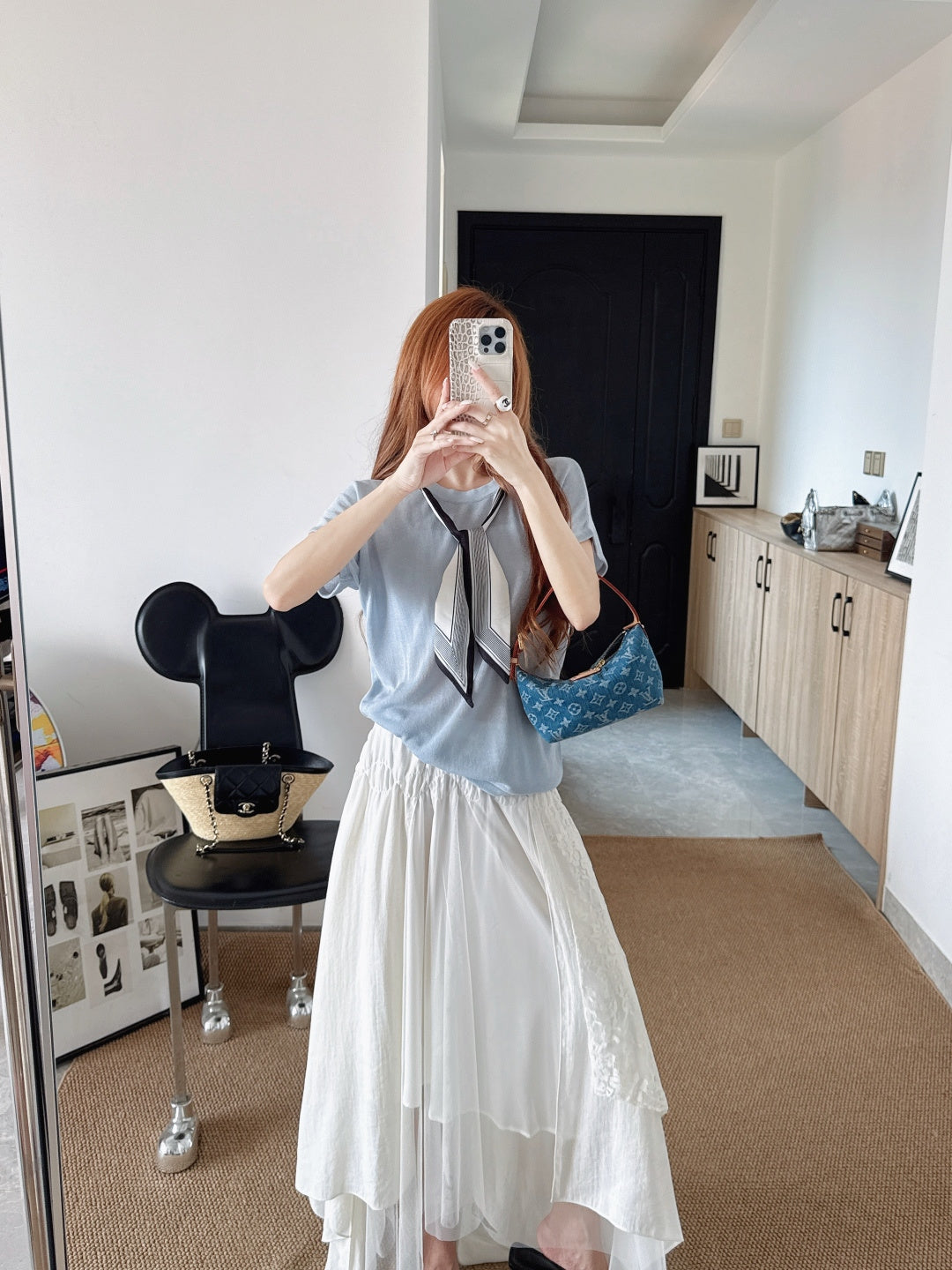 26ss Scarf-embellished knit T-shirt