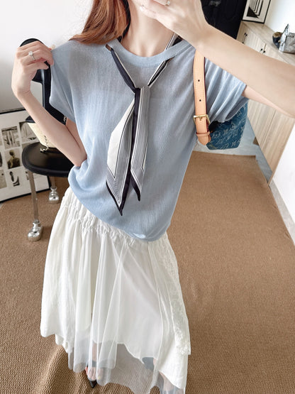 26ss Scarf-embellished knit T-shirt
