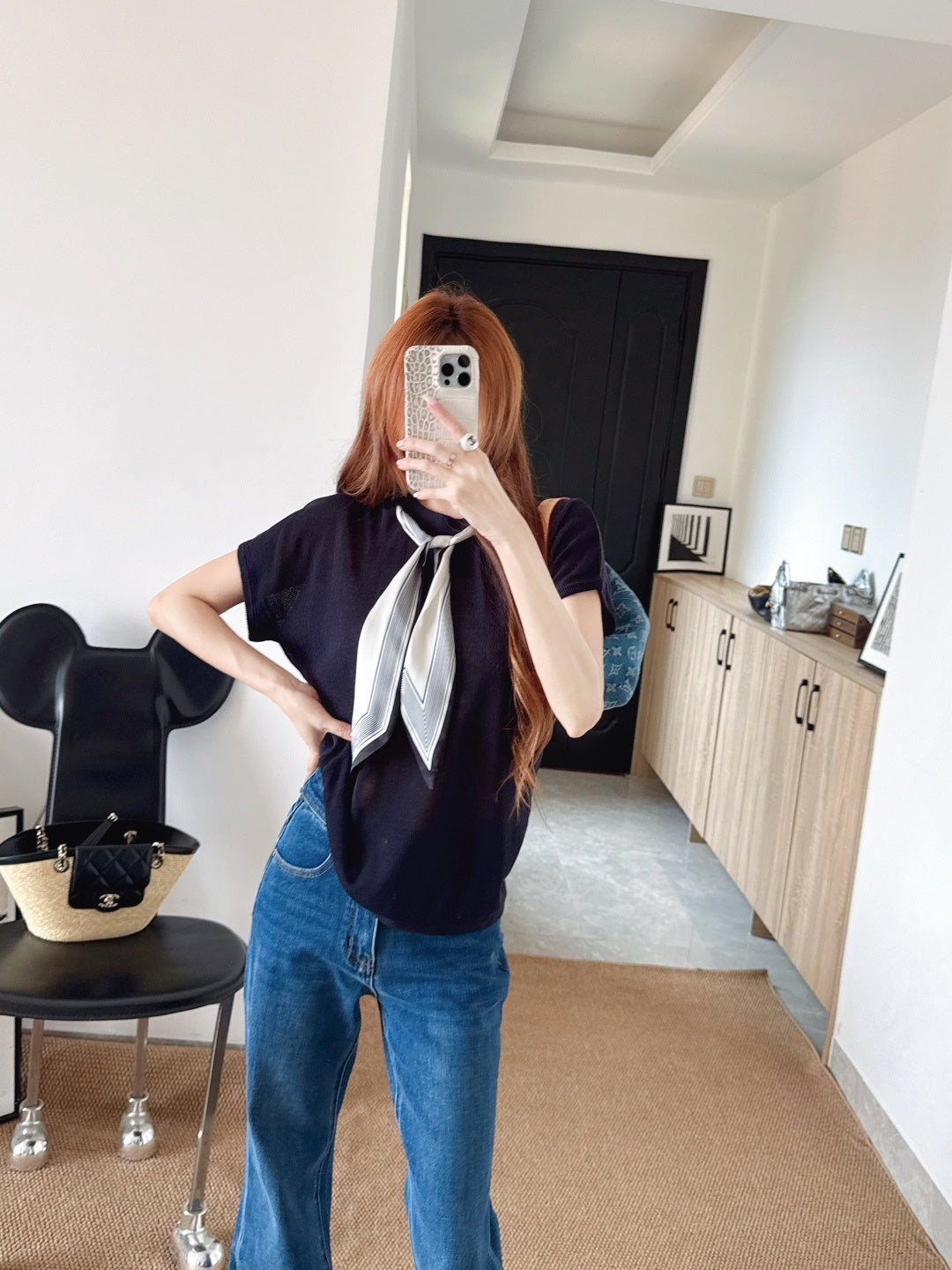 26ss Scarf-embellished knit T-shirt