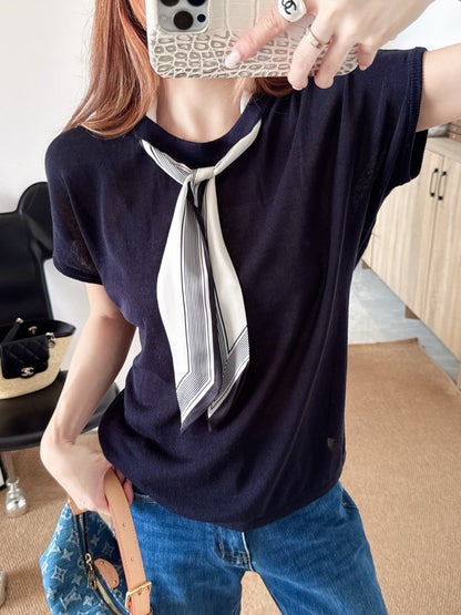 26ss Scarf-embellished knit T-shirt
