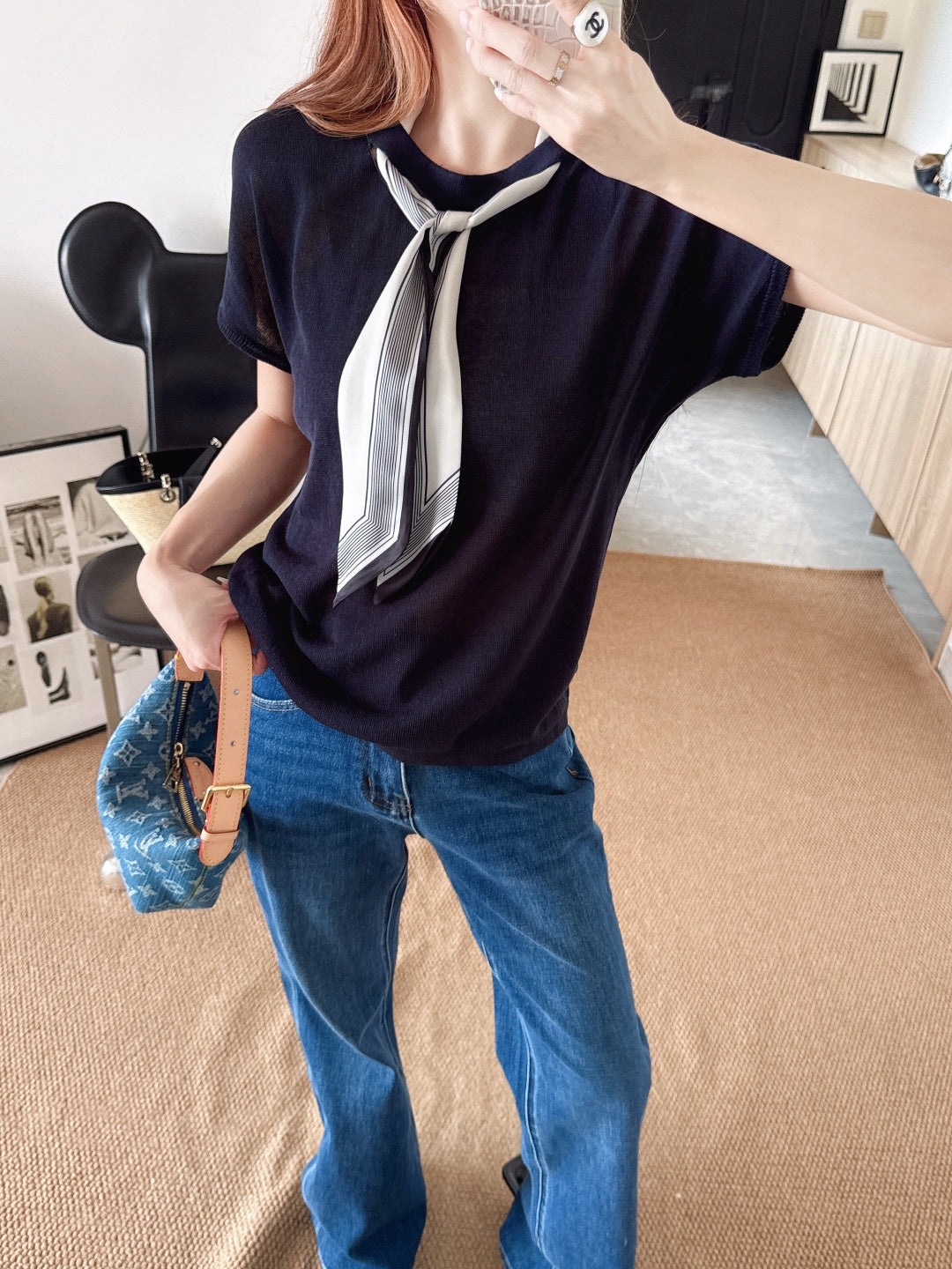 26ss Scarf-embellished knit T-shirt