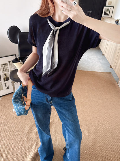 26ss Scarf-embellished knit T-shirt