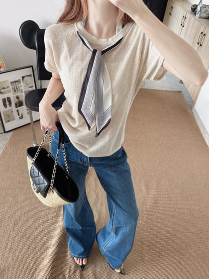 26ss Scarf-embellished knit T-shirt