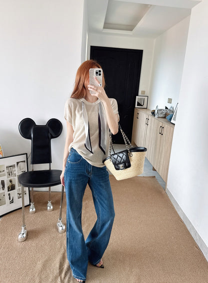 26ss Scarf-embellished knit T-shirt