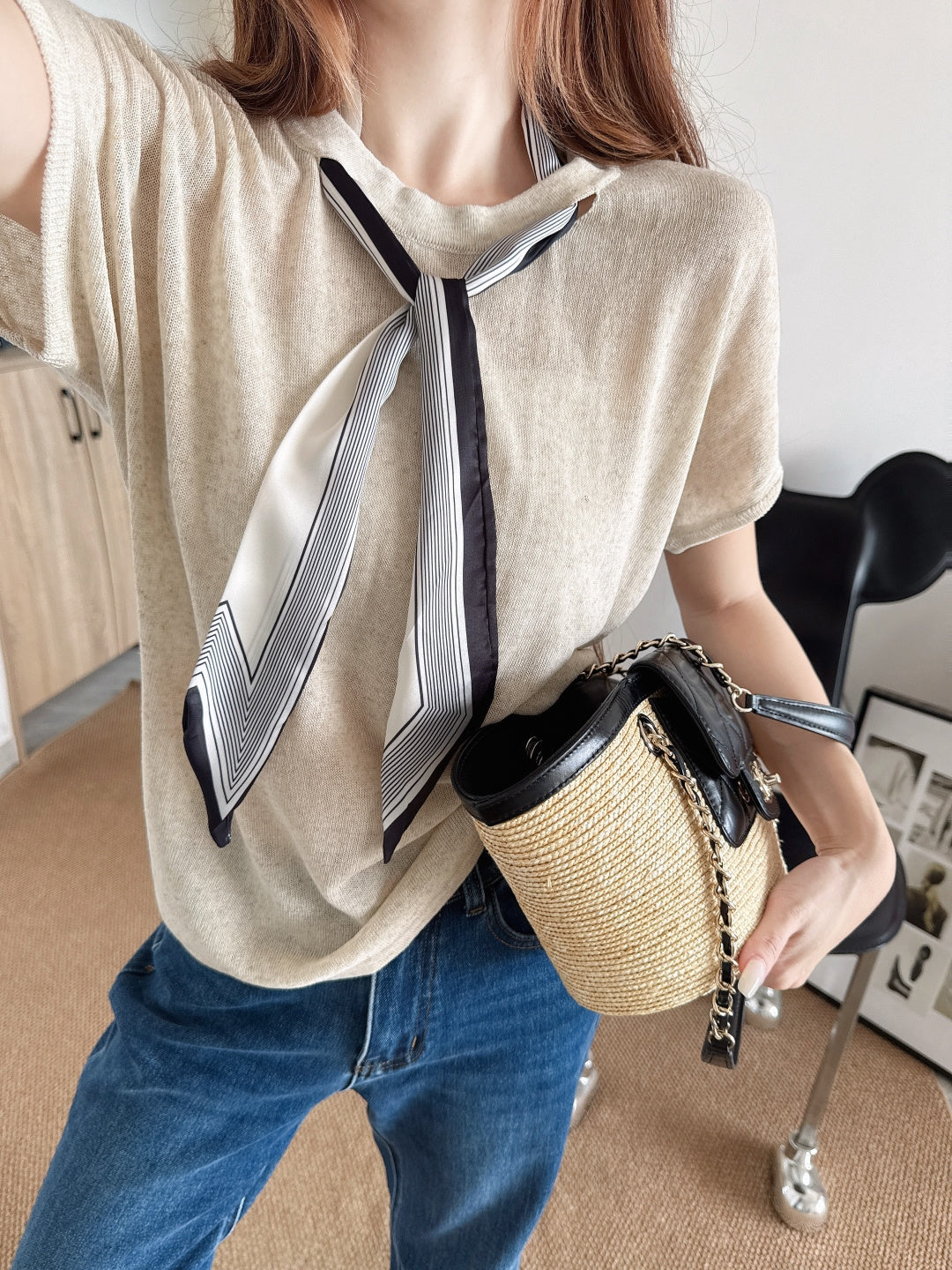26ss Scarf-embellished knit T-shirt
