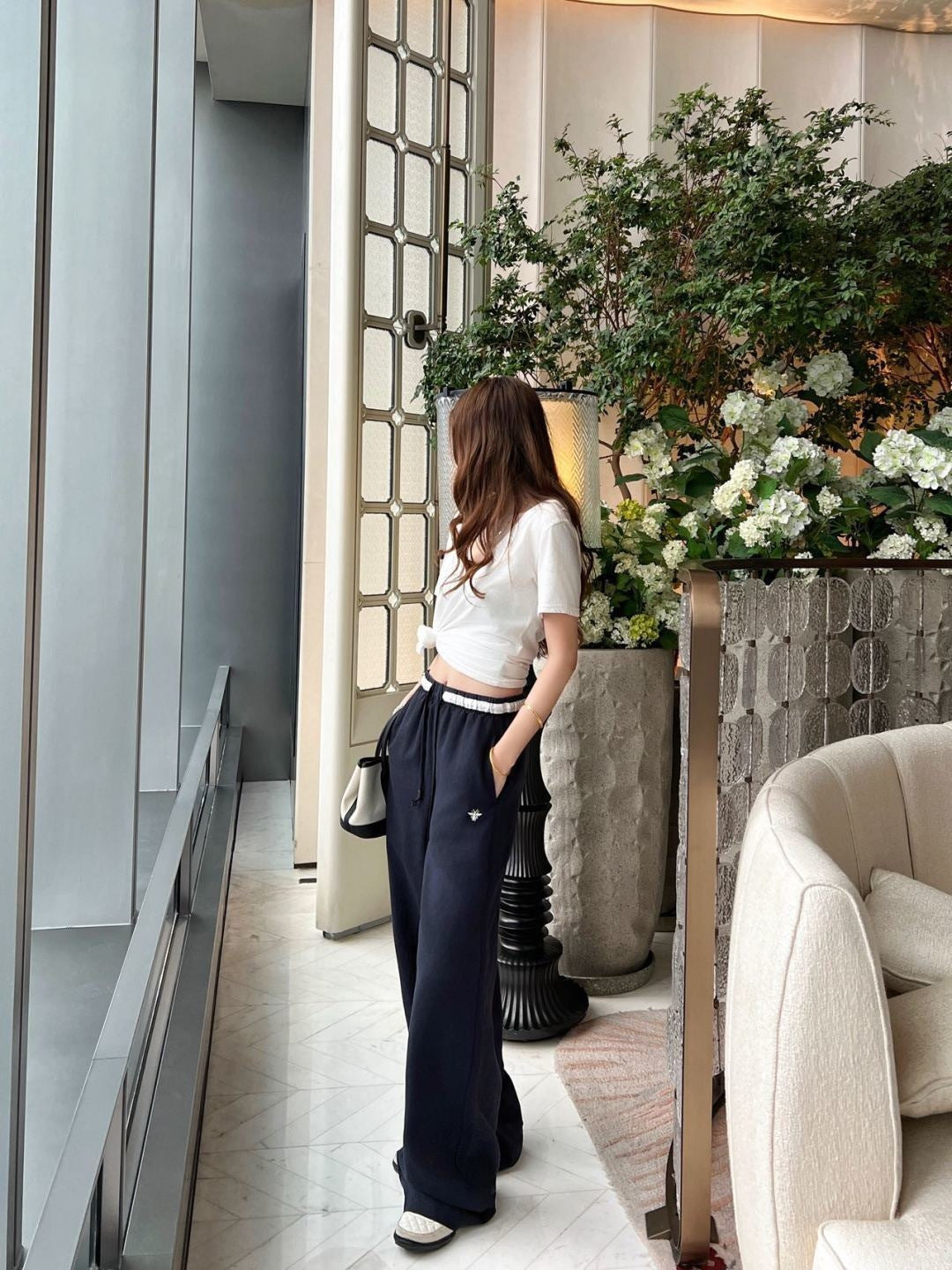 26ss Color-block elastic waist straight pants