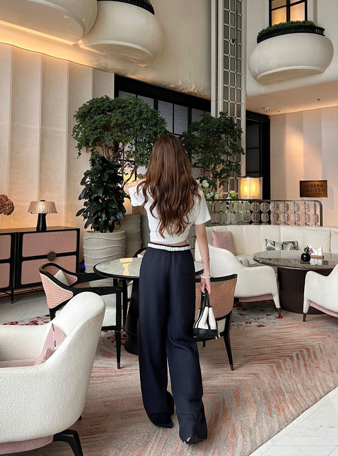 26ss Color-block elastic waist straight pants