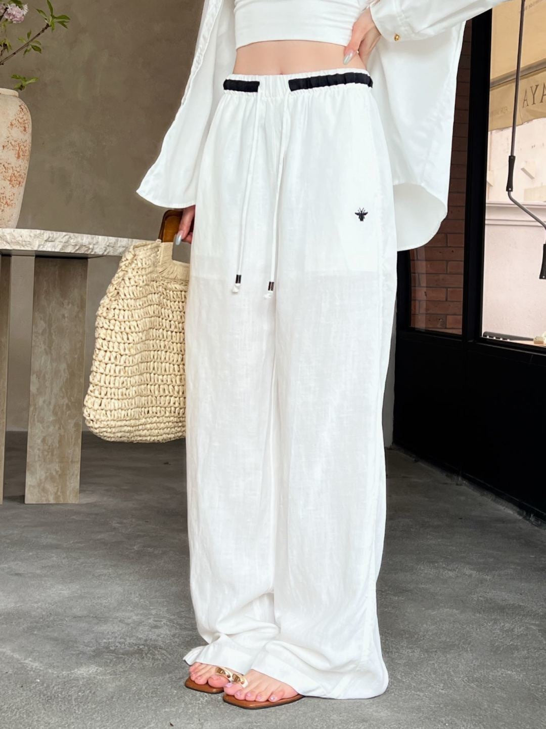 26ss Color-block elastic waist straight pants