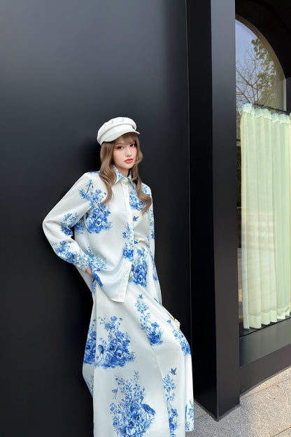 26ss Blue and white porcelain print shirt / dress