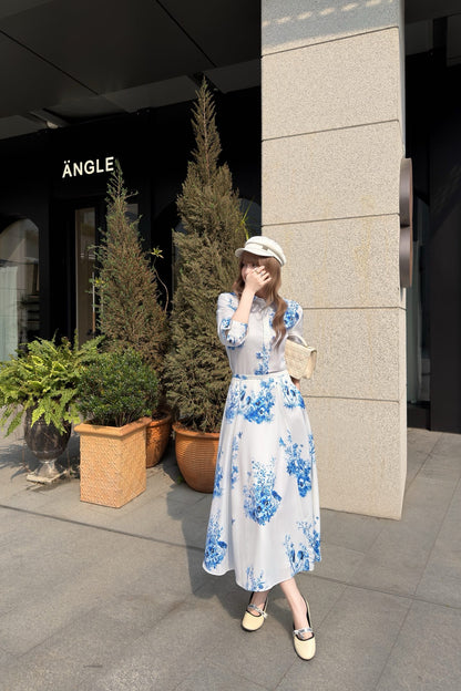 26ss Blue and white porcelain print shirt / dress