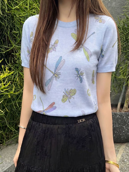 26ss Dragonfly Pattern Embroidered Short Sleeve