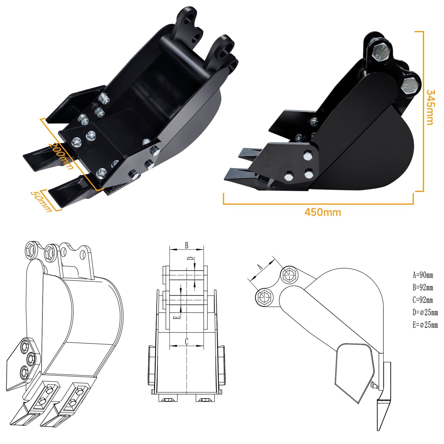 MMS 200mm Mini Excavator Bucket Attachment