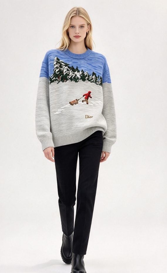 26New Color-Block Jacquard Loose-Fit Knit Sweater