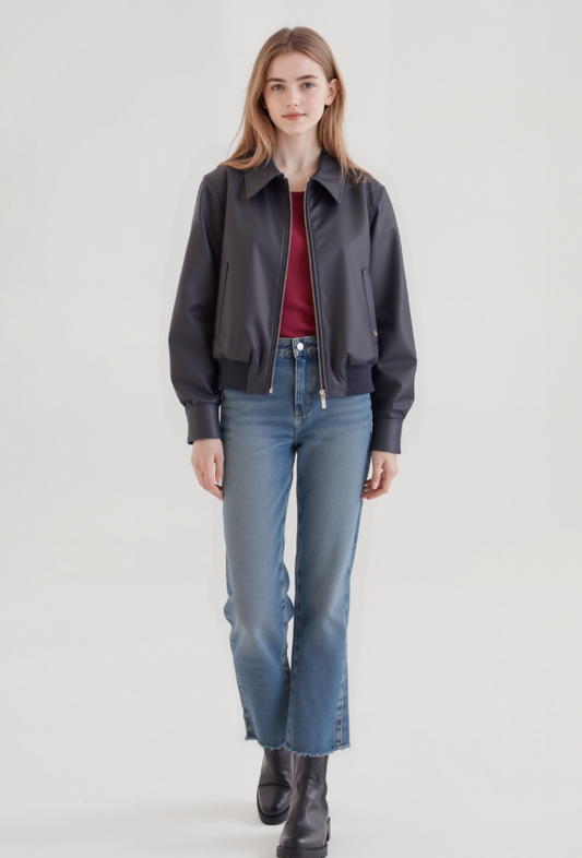 26Long-Sleeve Jacket with Logo and Zipper – PU Leather