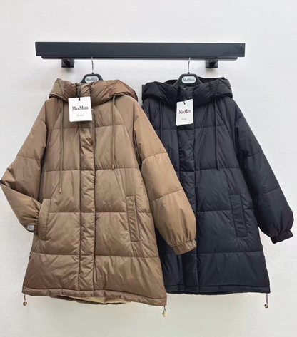 26 Fall/Winter Latest Simple Sleeve Patch Hooded Mid-Length Down Jacket