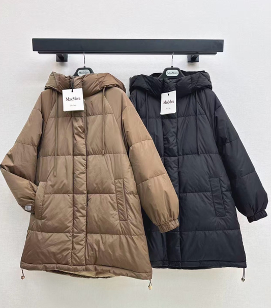 26 Fall/Winter Latest Simple Sleeve Patch Hooded Mid-Length Down Jacket