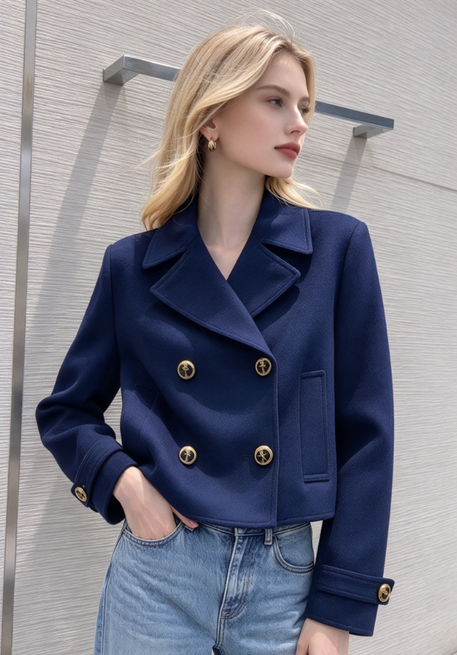 26New Double-Breasted Long-Sleeve Cropped Jacket