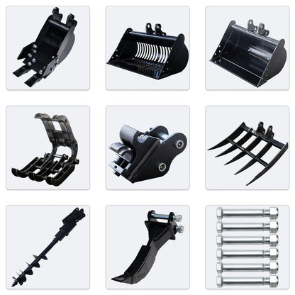 MMS Narrow Bucket Ripper Rake Auger Total  8 pcs Attachment for Mini Excavator