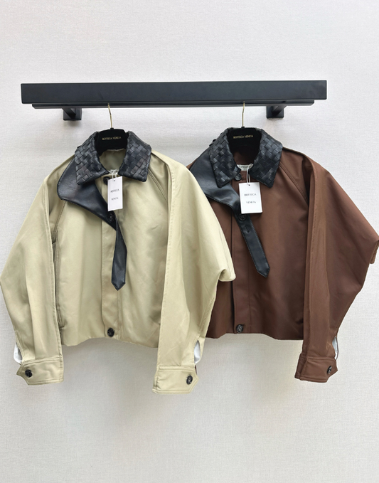 26Latest Autumn/Winter Cropped Trench Coat with Woven Leather Collar