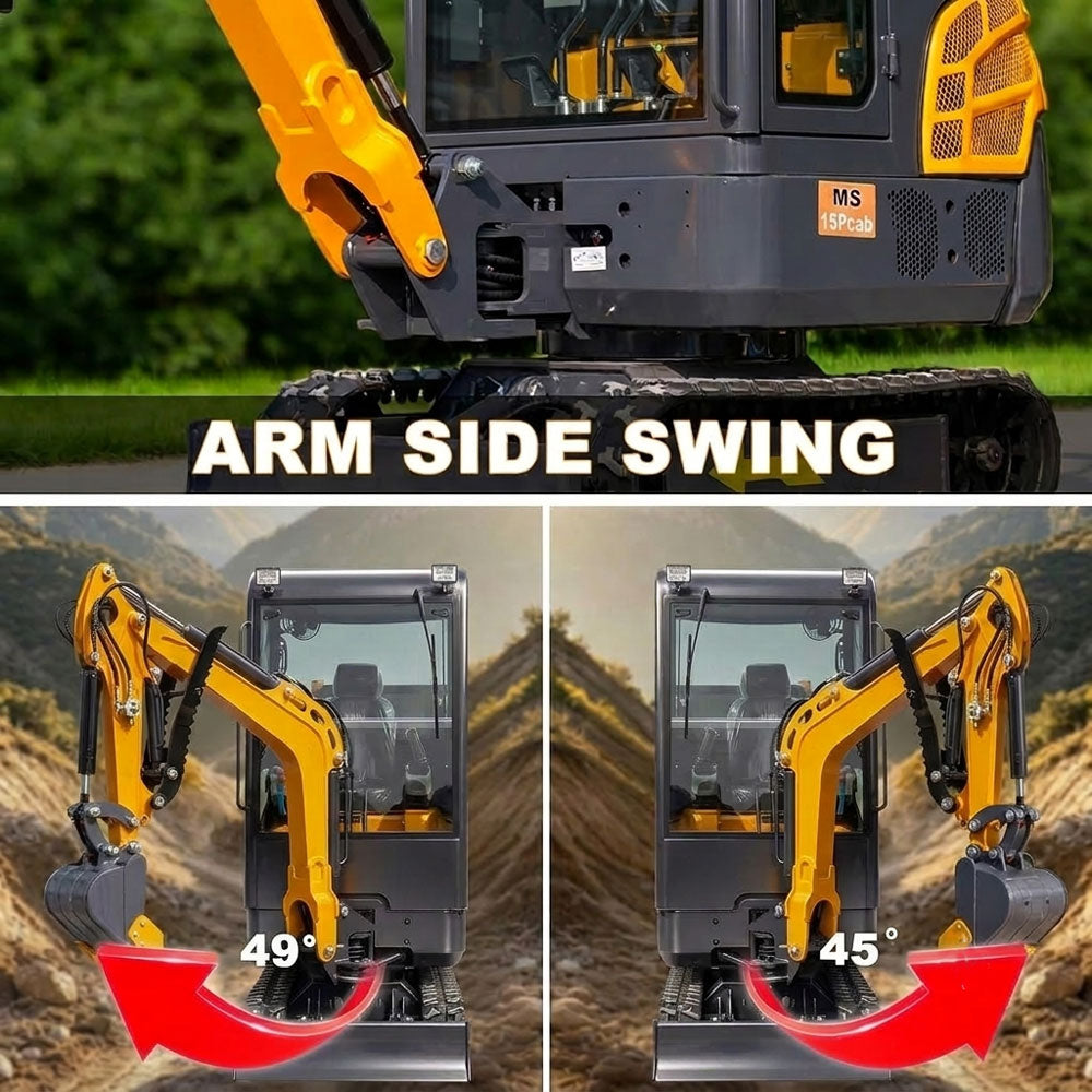 MS15PRO Mini Excavator with Cab,B&S Engine with Side Swing Boom and Hydraulic Thumb