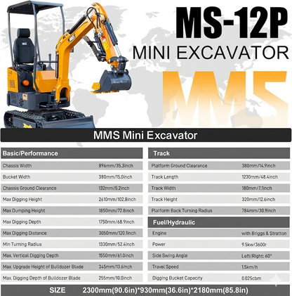 MS12P Mini Excavator B&S Engine, with Side Swing Boom and Hydraulic Thumb