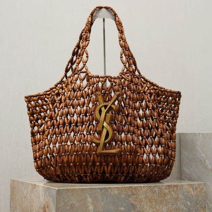 YSL 2026 Icare Wooden Bead  46cm Brown Woven Bag