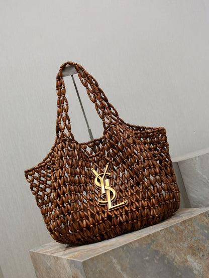 YSL 2026 Icare Wooden Bead  46cm Brown Woven Bag