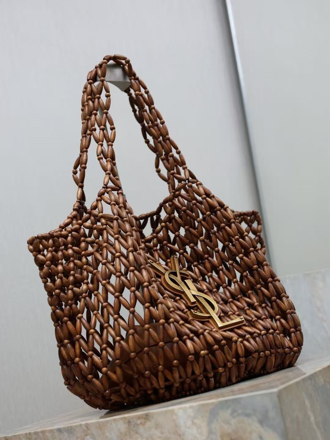 YSL 2026 Icare Wooden Bead  46cm Brown Woven Bag