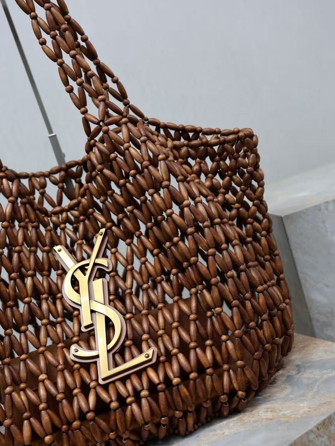 YSL 2026 Icare Wooden Bead  46cm Brown Woven Bag