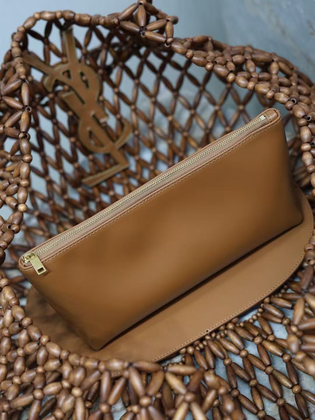 YSL 2026 Icare Wooden Bead  46cm Brown Woven Bag