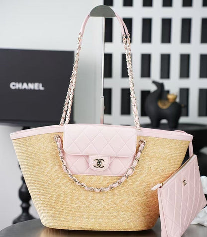 Chanel 2026 Shopping Bag Beige Pink Straw Lambskin