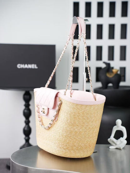 Chanel 2026 Shopping Bag Beige Pink Straw Lambskin