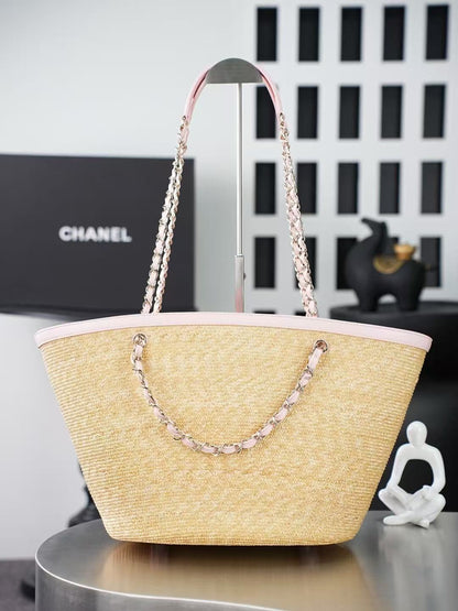 Chanel 2026 Shopping Bag Beige Pink Straw Lambskin