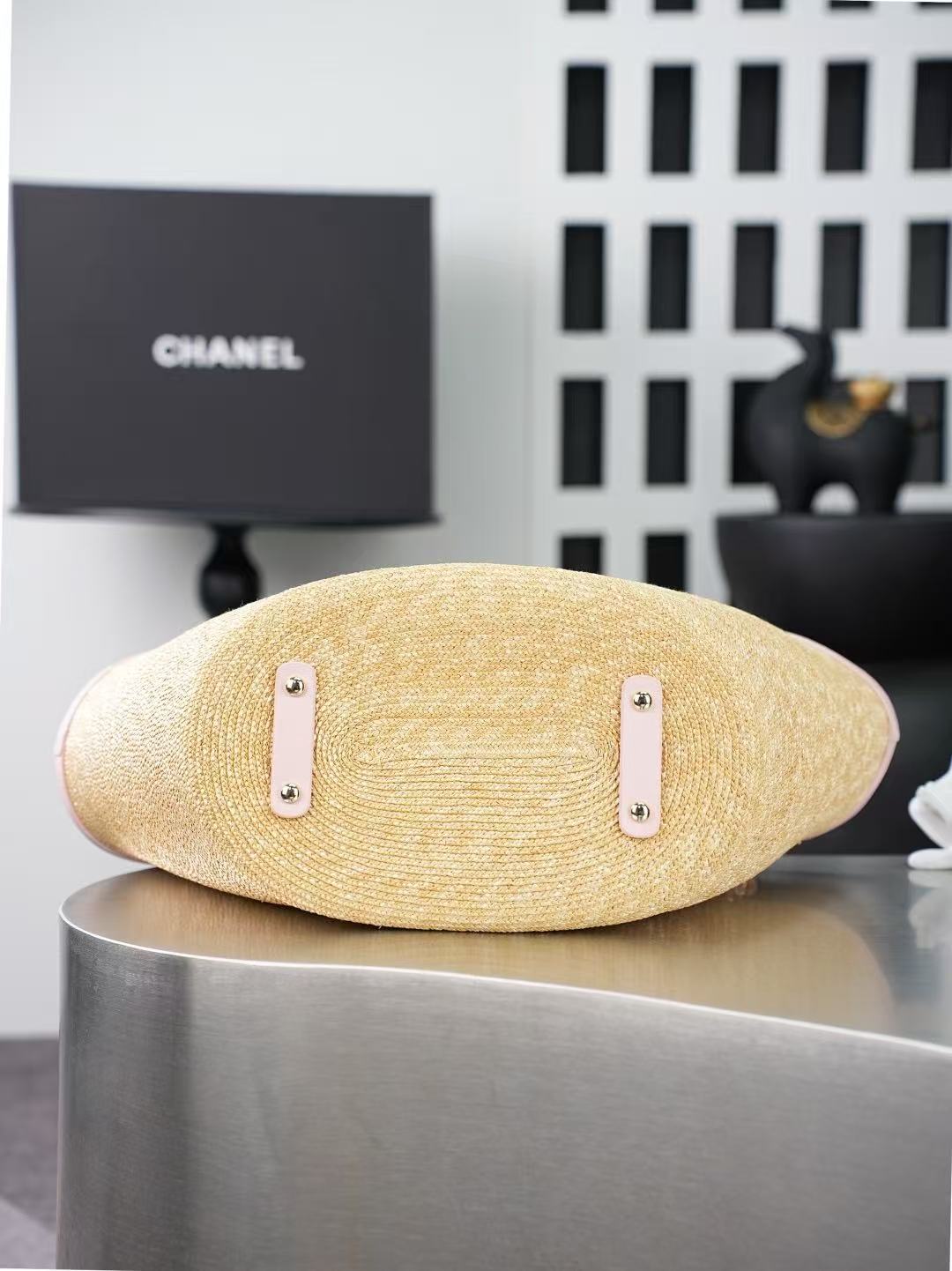 Chanel 2026 Shopping Bag Beige Pink Straw Lambskin