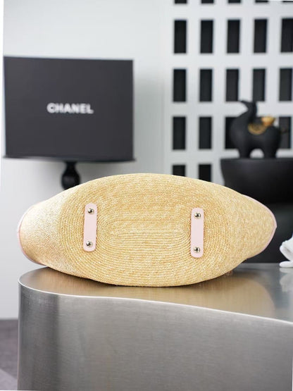 Chanel 2026 Shopping Bag Beige Pink Straw Lambskin