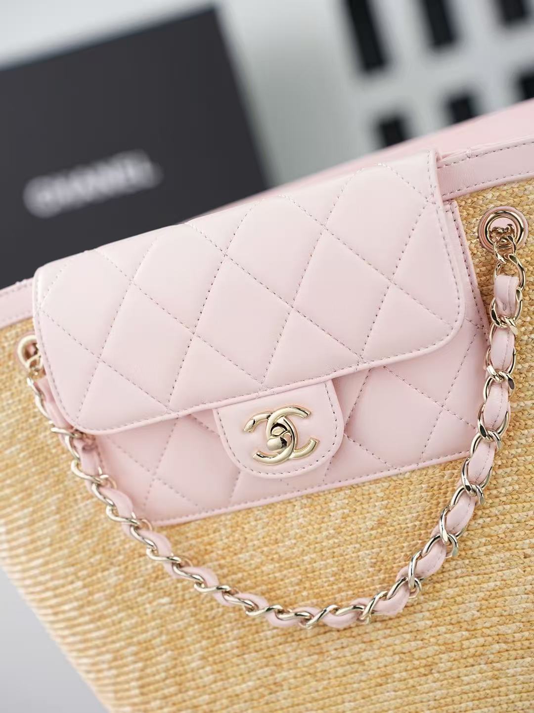Chanel 2026 Shopping Bag Beige Pink Straw Lambskin