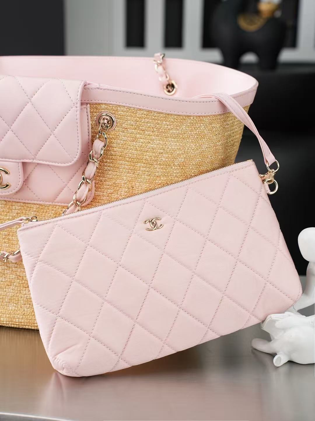 Chanel 2026 Shopping Bag Beige Pink Straw Lambskin