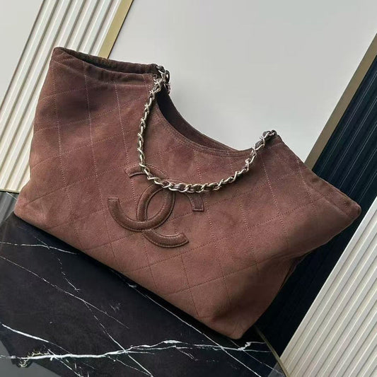 2026 Quilted Neo Cabas Shopping Tote Bag 38cm Dark Brown Suede