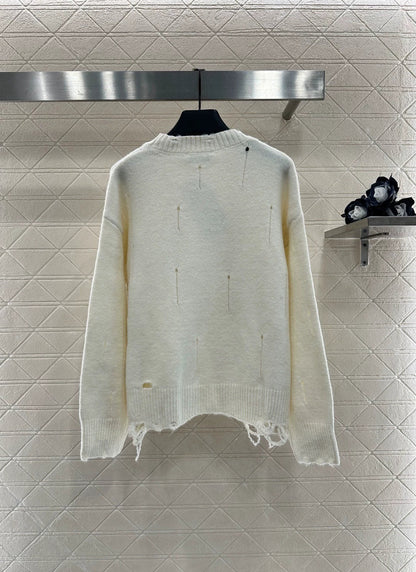 25fw Broken hole sequin round neck sweater