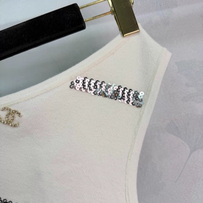26ss Sequined Striped Knit One-Shoulder Vest