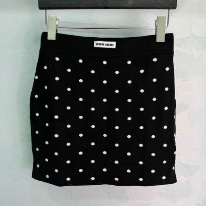MiuMiu/26 Early Fall New Polka Dot Knit Long-Sleeve Cardigan and Mini Skirt Set