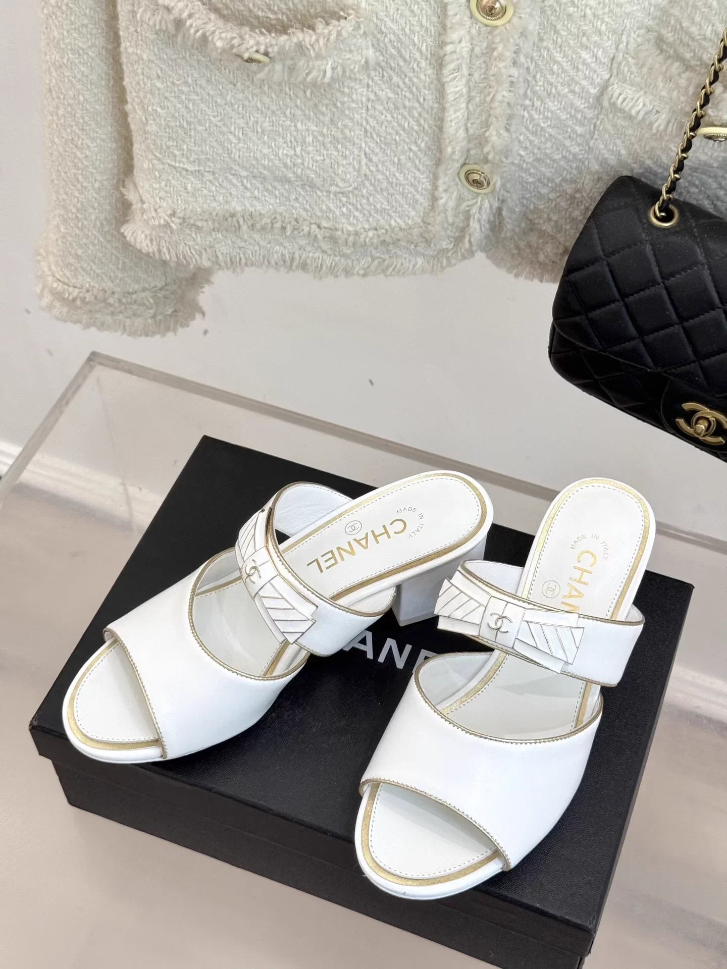 Double C Bow Chunky Heel Sandals