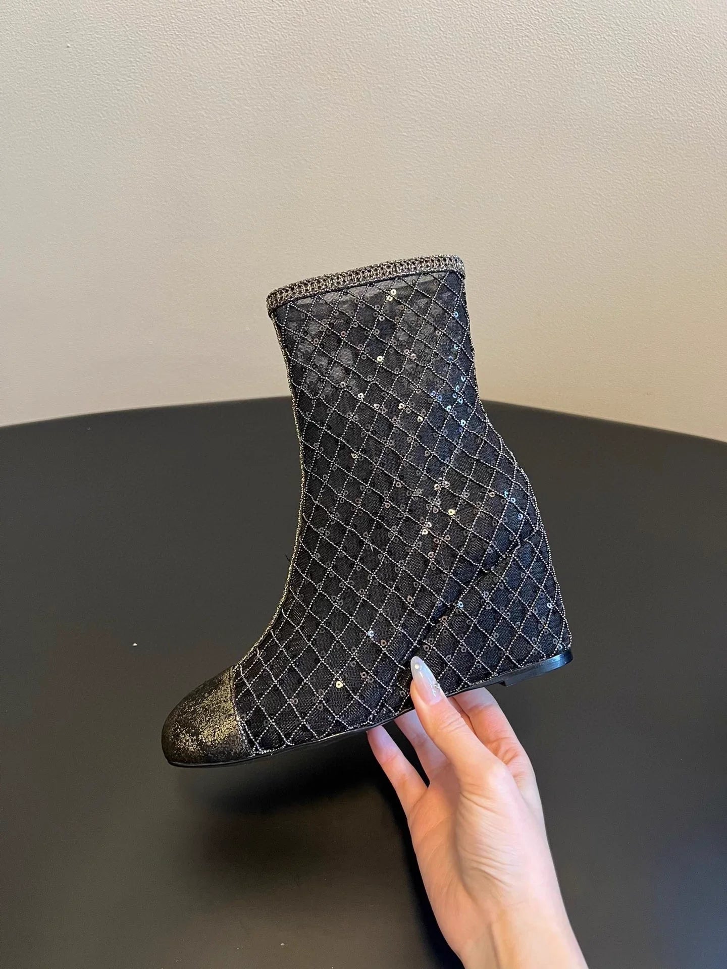 Mesh woven sequined wedge ankle boots