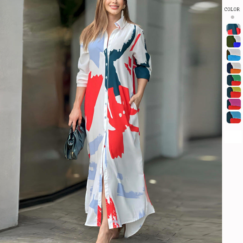 Printed loose shirt dress