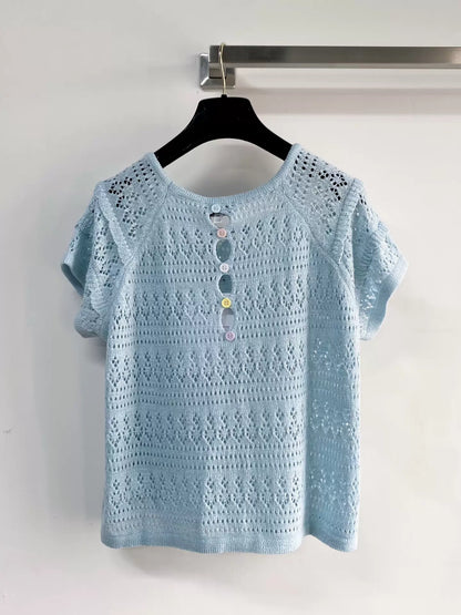 26ss Hollow-out sequined short-sleeved top
