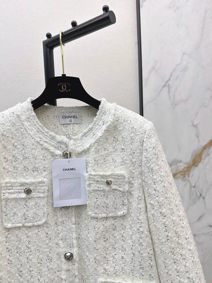 26"Chanel-Style" Woven Tweed-Look Goose Down Jacket