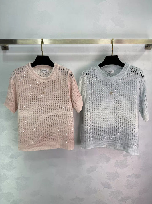 26ss Sequined Openwork Knit T-shirt