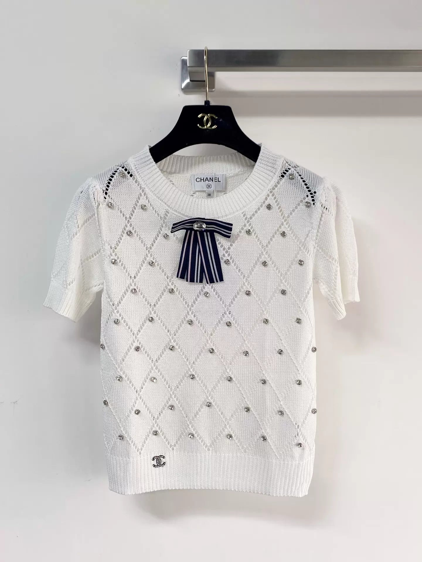 26ss Diamond-patterned rhinestone bow logo T-shirt