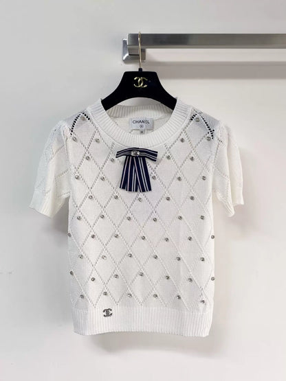26ss Diamond-patterned rhinestone bow logo T-shirt