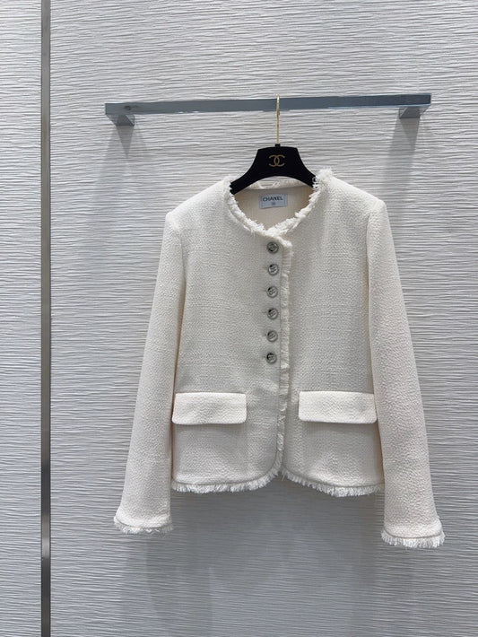 26New "Chanel-style" Fringe-Trimmed, Single-Breasted, Round-Neck, Long-Sleeve Jacket